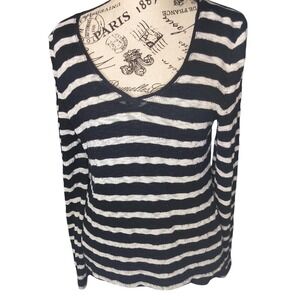 White House Black Market Striped Lace Split Back V-Neck Top Black Cream Small